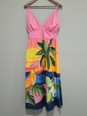 FARM RIO Tropical Sunset Toucan Palm Tree Midi Dress Size M Anthropologie